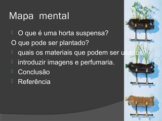 Mapa mental
 O que é uma horta suspensa?
O que pode ser plantado?
 quais os materiais que podem ser usados?
 introduzir imagens e perfumaria.
 Conclusão
 Referência
 