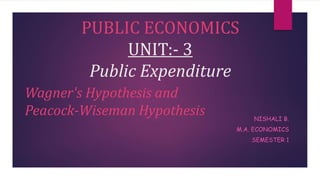 PUBLIC ECONOMICS
UNIT:- 3
Public Expenditure
NISHALI B.
M.A. ECONOMICS
SEMESTER 1
Wagner's Hypothesis and
Peacock-Wiseman Hypothesis
 