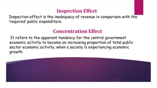 Inspection Effect
Inspection effect is the inadequacy of revenue in comparison with the
‘required’ public expenditure.
It refers to the apparent tendency for the central government
economic activity to become an increasing proportion of total public
sector economic activity, when a society is experiencing economic
growth.
Concentration Effect
 