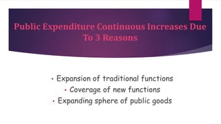 Public Expenditure Continuous Increases Due
To 3 Reasons
• Expansion of traditional functions
• Coverage of new functions
• Expanding sphere of public goods
 