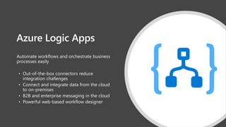 Azure Logic Apps
Automate workflows and orchestrate business
processes easily
• Out-of-the-box connectors reduce
integration challenges
• Connect and integrate data from the cloud
to on-premises
• B2B and enterprise messaging in the cloud
• Powerful web-based workflow designer
 