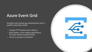 Azure Event Grid
Simplify event-based app development with a
publish-subscribe model
• Simple HTTP-based event delivery
• Build better, more reliable applications
through reactive programming
• Focus on product innovation
 
