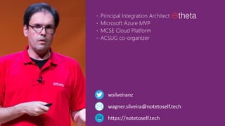 About me  Principal Integration Architect
 Microsoft Azure MVP
 MCSE Cloud Platform
 ACSUG co-organizer
wsilveiranz
wagner.silveira@notetoself.tech
https://notetoself.tech
 