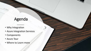 Agenda
• Why Integration
• Azure Integration Services
• Components
• Azure Tour
• Where to Learn more
 