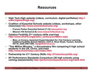 Resources <ul><li>High Tech High website (videos, curriculum, digital portfolios)  http:// www.hightechhigh.org / </li></u...