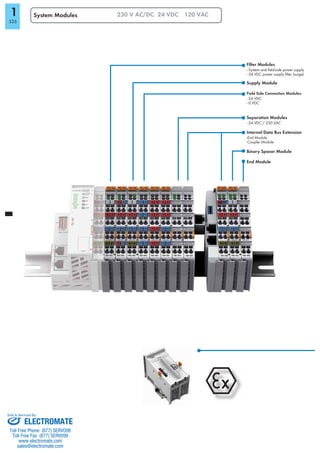 4
1
326
Filter Modules
- System and ﬁeld-side power supply
- 24 VDC power supply ﬁlter (surge)
Supply Module
Field Side Connection Modules
- 24 VDC
- 0 VDC
Separation Modules
- 24 VDC / 230 VAC
Internal Data Bus Extension
-End Module
-Coupler Module
Binary Spacer Module
End Module
230 V AC/DC 24 VDC 120 VACSystem Modules
ELECTROMATE
Toll Free Phone (877) SERVO98
Toll Free Fax (877) SERV099
www.electromate.com
sales@electromate.com
Sold & Serviced By:
 