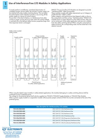 1
350
To easily perform cost-eﬀective, centralized deactivation of
complete actuator groups safely, the actuator‘s power supply can
be switched oﬀ using a safety switching device. This can either
be performed for each individual actuator or by turning oﬀ the
power supply to a group of control outputs.
Ensure that, in the event of failure, no interferences from other
current or power circuits will occur even when the control voltage
is switched oﬀ so the deﬁned safety function properties (logic and
time response) remain unchanged.
WAGO 75x-yyy/zzz-8zz I/O Modules are designed to provide
“interference-free“ safety functionality.
These modules comply with safety requirements up to Category 4
of DIN EN ISO 13847-1:2007.
Safety category and performance level depend solely on the sa-
fety components and their wiring. “Interference-free“ WAGO I/O
modules have no active inﬂuence on the safety function, they are
not an active part of the safety application and are not a substitu-
te for the safety switching device! When using the components in
safety functions, the corresponding notes must be observed in the
relevant manual!
Use of Interference-Free I/O Modules in Safety Applications
When using the digital output modules in safety-related applications, the modules belonging to a safety switching device shall be
combined to form a potential group.
The voltage for the potential group shall only be supplied via 750-601/750-602 Supply Modules or 750-626 Filter Module.
Either a power supply module or a separation module without power jumper contacts (750-616) must be connected at the end of the
potential group.
1 4
2 5
3 6
24 V
0 V
PE
4 8
3 7
2 6
1 5
D01 D02
24 V
0 V
PE
4 8
3 7
2 6
1 5
D01 D02
24 V
0 V
PE
1 4
2 5
3 6
24 V
0 V
PE 750-616
4 8
3 7
2 6
1 5
D01 D02
24 V
0 V
D03 D04
4 8
3 7
2 6
1 5
D01 D02
24 V
0 V
D03 D04
Safety switch module/
Safety module
Supply module
Output modules
in safety related applications
Supply
module or
Separation
module
Potential group
for safety related applications
Additional potential
groups
Item description for interference-free I/O modules
750-501/000-800 2DO 24V DC 0.5A/Interference-free
750-502/000-800 2DO 24V DC 2.0A/Interference-free
750-504/000-800 4DO 24V DC 0.5A/Interference-free
750-504/025-800 4DO 24V DC 0.5A/T/Interference-free
750-506/000-800 2DO 24V DC 0.5A/Diagnostics/Interference-free
750-508/000-800 2DO 24V DC 2.0A/Diagnostics/Interference-free
750-531/000-800 4DO 24V DC 0.5A/2-conductor/Interference-free
ELECTROMATE
Toll Free Phone (877) SERVO98
Toll Free Fax (877) SERV099
www.electromate.com
sales@electromate.com
Sold & Serviced By:
 