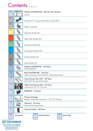 1.0
1.1
1.2
1.3
1.4
1.5
1.6
1.7
1.8
2
3
4
5
6
7
8
9
10 11 12
Volume 3Contents
Modular I/O-SYSTEM IP20 – 750, 753, 758, 759 Series
Industrial PC, PLC - Programmable Fieldbus Controller (PLC)
Fieldbus Coupler (FC)
Digital Input Modules (DI)
Digital Output Modules (DO)
Analog Input Modules (AI)
Analog Output Modules (AO)
Specialty Modules (SO)
System Modules (SY)
Modular I/O-SYSTEM IP67 – 767 Series
WAGO SPEEDWAY
Block I/O-SYSTEM IP67 – 755 Series
Sensor/Actuator Boxes IP67 – 757 Series
M8 and M12 Passive Distribution Boxes
Cables and Connectors IP67 – 756 Series
PERSPECTO®
– 762 Series
Wireless Technology
Bluetooth®
Telecontrol – 761 Series
Telecontrol Technology Solutions
Industrial Switches – 852 Series
Accessories Technical Section Search Aids
ELECTROMATE
Toll Free Phone (877) SERVO98
Toll Free Fax (877) SERV099
www.electromate.com
sales@electromate.com
Sold & Serviced By:
 