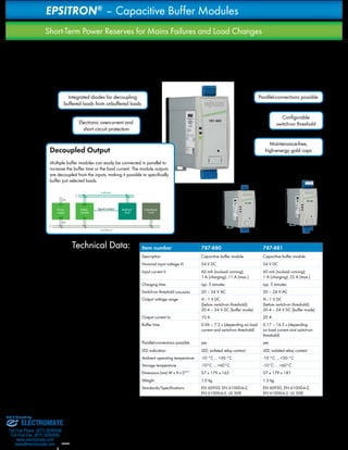 28 
EPSITRON® – Capacitive Buffer Modules 
Short-Term Power Reserves for Mains Failures and Load Changes 
Brief power supply failures jeopardize the trouble-free 
operation of machines/systems. The power supply buffer 
times of select applications can be considerably extended 
via capacitive buffer modules. These modules have power 
reserves that may be required when starting heavy loads or 
Decoupled Output 
Multiple buffer modules can easily be connected in parallel to 
increase the buffer time or the load current. The module outputs 
are decoupled from the inputs, making it possible to specifically 
buffer just selected loads. 
IN 
AC 
OUT 
DC 
OUT 
IN 
Power 
supply 
Buffer 
module 
buffered 
Signal contact 
unbuffered 
Buffered 
load 
Unbuffered 
load 
triggering a fuse. The 787-880 and 787-881 Buffer Modules 
contain completely maintenance-free ”gold caps“ that store 
energy and provide output power for 400ms. Buffer times up 
to several seconds can be easily achieved by connecting the 
modules in parallel or adjusting the output current. 
Parallel-connections possible 
Configurable 
switch-on threshold 
Maintenance-free, 
high-energy gold caps 
Integrated diodes for decoupling 
buffered loads from unbuffered loads 
Electronic overcurrent and 
short circuit protection 
Technical Data: Item number 787-880 787-881 
Signaling: 
1. LEDs: There are 3 LEDs to signal 
individual operating conditions. The green 
LED indicates error-free operation. The red 
LED indicates undervoltage at the buffered 
module output; a yellow LED signals module 
charging. 
2. Isolated signal contact: Once the 
internal charging procedure is complete 
and there is sufficient voltage at the buffer 
module input, the isolated signal output is 
activated. The contact is deactivated as soon 
as the module runs out of charge and the 
control level can respond to this change of 
state. 
Description Capacitive buffer module Capacitive buffer module 
Nominal input voltage Vi 24 V DC 24 V DC 
Input current Ii 60 mA (no-load running); 
1 A (charging); 11 A (max.) 
60 mA (no-load running); 
1 A (charging); 22 A (max.) 
Charging time typ. 5 minutes typ. 5 minutes 
Switch-on threshold (adjustable) 20 – 24 V AC 20 – 24 V AC 
Output voltage range Vi - 1 V DC 
(below switch-on threshold); 
20.4 – 24 V DC (buffer mode) 
Vi - 1 V DC 
(below switch-on threshold); 
20.4 – 24 V DC (buffer mode) 
Output current Io 10 A 20 A 
Buffer time 0.06 – 7.2 s (depending on load 
current and switch-on threshold) 
0.17 – 16.5 s (depending 
on load current and switch-on 
threshold) 
Parallel-connections possible yes yes 
LED indication LED; isolated relay contact LED; isolated relay contact 
Ambient operating temperature -10 °C ... +50 °C -10 °C ... +50 °C 
Storage temperature -10°C ... +60°C -10°C ... +60°C 
Dimensions (mm) W x H x D** 57 x 179 x 163 57 x 179 x 181 
Weight 1.0 kg 1.0 kg 
Standards/Specifications EN 60950, EN 61000-6-2, 
EN 61000-6-3, UL 508 
EN 60950, EN 61000-6-2, 
EN 61000-6-3, UL 508 
H 179 
H 179 
D 163 
D 181 
W 57 W 57 
** H from upper-edge of DIN 35 rail; 
D=127 mm, without pluggable female connectors 
Sold & Serviced By: 
ELECTROMATE 
Toll Free Phone (877) SERVO98 
Toll Free Fax (877) SERV099 
www.electromate.com 
sales@electromate.com 
 
