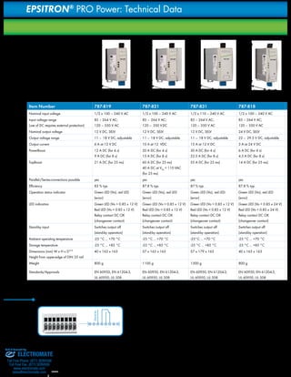 EPSITRON® PRO Power: Technical Data 
H 163 W 40 
D 163 ** 
Item Number 787-819 787-821 787-831 787-818 Nominal input voltage 1/2 x 100 – 240 V AC 1/2 x 100 – 240 V AC 1/2 x 110 – 240 V AC 1/2 x 100 – 240 V AC Input voltage range 
85 – 264 V AC; 
(use of DC requires external protection) 
120 – 350 V AC 
55 A DC (for 25 ms) 14 A DC (for 25 ms) Parallel-/Series-connections possible yes yes yes yes Efficiency 83 % typ. 87.8 % typ. 87 % typ. 87.8 % typ. Operation status indicator Green LED (Vo), red LED 
Potential-Free Signal Contact and Stand-By Input 
 
85 – 264 V AC; 
120 – 350 V DC 
85 – 264 V AC; 
120 – 350 V AC 
85 – 264 V AC; 
120 – 350 V AC 
Nominal output voltage 12 V DC, SELV 12 V DC, SELV 12 V DC, SELV 24 V DC, SELV Output voltage range 11 – 18 V DC, adjustable 11 – 18 V DC, adjustable 11 – 18 V DC, adjustable 22 – 29.5 V DC, adjustable Output current 6 A at 12 V DC 10 A at 12 VDC 15 A at 12 V DC 3 A at 24 V DC PowerBoost 
12 A DC (for 4 s) 
9 A DC (for 8 s) 
20 A DC (for 4 s) 
15 A DC (for 8 s) 
30 A DC (for 4 s) 
22.5 A DC (for 8 s) 
6 A DC (for 4 s) 
4.5 A DC (for 8 s) 
TopBoost 21 A DC (for 25 ms) 60 A DC (for 25 ms) 
40 A DC at VIN < 110 VAC 
(for 25 ms) 
(error) 
Green LED (Vo), red LED 
(error) 
Green LED (Vo), red LED 
(error) 
Green LED (Vo), red LED 
(error) 
LED indication Green LED (Vo > 0.85 x 12 V) 
Red LED (Vo < 0.85 x 12 V) 
Relay contact DC OK 
(changeover contact) 
Green LED (Vo > 0.85 x 12 V) 
Red LED (Vo < 0.85 x 12 V) 
Relay contact DC OK 
(changeover contact) 
Green LED (Vo > 0.85 x 12 V) 
Red LED (Vo < 0.85 x 12 V) 
Relay contact DC OK 
(changeover contact) 
Green LED (Vo > 0.85 x 24 V) 
Red LED (Vo < 0.85 x 24 V) 
Relay contact DC OK 
(changeover contact) 
Stand-by input Switches output off 
(stand-by operation) 
Switches output off 
(stand-by operation) 
Switches output off 
(stand-by operation) 
Switches output off 
(stand-by operation) 
Ambient operating temperature -25 °C ... +70 °C -25 °C ... +70 °C -25°C ... +70 °C -25 °C ... +70 °C Storage temperature -25 °C ... +85 °C -25 °C ... +85 °C -25 °C ... +85 °C -25 °C ... +85 °C Dimensions (mm) W x H x D** 
Height from upper-edge of DIN 35 rail 
40 x 163 x 163 57 x 163 x 163 57 x 179 x 163 40 x 163 x 163 Weight 800 g 1100 g 1300 g 800 g Standards/Approvals EN 60950, EN 61204-3, 
UL 60950, UL 508 
EN 60950, EN 61204-3, 
UL 60950, UL 508 
EN 60950, EN 61204-3, 
UL 60950, UL 508 
EN 60950, EN 61204-3, 
UL 60950, UL 508 
** D = 127 mm, without pluggable female connectors 
H 163 W 57 
D 163 ** 
H 179 W 57 
D 163 ** 
H 163 W 40 
D 163 ** 
6 
In the event of undervoltage at the output, the internal relay is deactivated. 
This error is signaled via a potential-free changeover contact (rated 1 A 
at 30 V DC). 
Stand-by 
Sold & Serviced By: 
ELECTROMATE 
Toll Free Phone (877) SERVO98 
Toll Free Fax (877) SERV099 
www.electromate.com 
sales@electromate.com 
 
