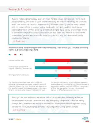 15
Research Analysis
Low transaction fees
Leveraging/support on the
supplier contracts (air/hotel/car)
Driving compliance to policy
	20%	 47%	 33%
	 43%	27%	 30%
	 44%	23%	 33%
When evaluating travel management company savings, how would you rank the following
from 1-3, 1 being most important:
1	 2	 3
The benefits of stronger travel technology can
extend across several categories, however which of
these benefits are the most desirable will depend on
the specific needs of individual procurement groups.
When it comes to what creates the biggest impact
on savings, the majority of procurement teams are
split between prioritizing policy (44%) and leveraging
support on supplier contracts (43%). As a secondary
priority, low transaction fees are the standout,
backed by 47% of procurement teams.
If you’re not using technology today, it’s really hard to ensure compliance. I think most
people are busy, and want to book their travel along the lines of what they like or dislike,
and it’s an emotional decision. Implementing an online booking tool has really helped
with compliance for this reason, so that the traveler can go in and feel like they are
booking the travel on their own, but are still adhering to travel policy, or are made aware
of their non-compliance. App incorporation has also been very helpful, but also I think
promoting a general awareness of a travel program and why it’s there is essential for
creating compliance.
- Lis Anderson
Although I am a bit relieved to see less of a focus on booking fees, I honestly do not yet
see the interest in proven capabilities that help drive policy compliance. I do think having
Strategic Procurement more and more involved and leading the travel management buying
process will absolutely help focus more on how impactful savings can be realized.
- Jim Canning
 