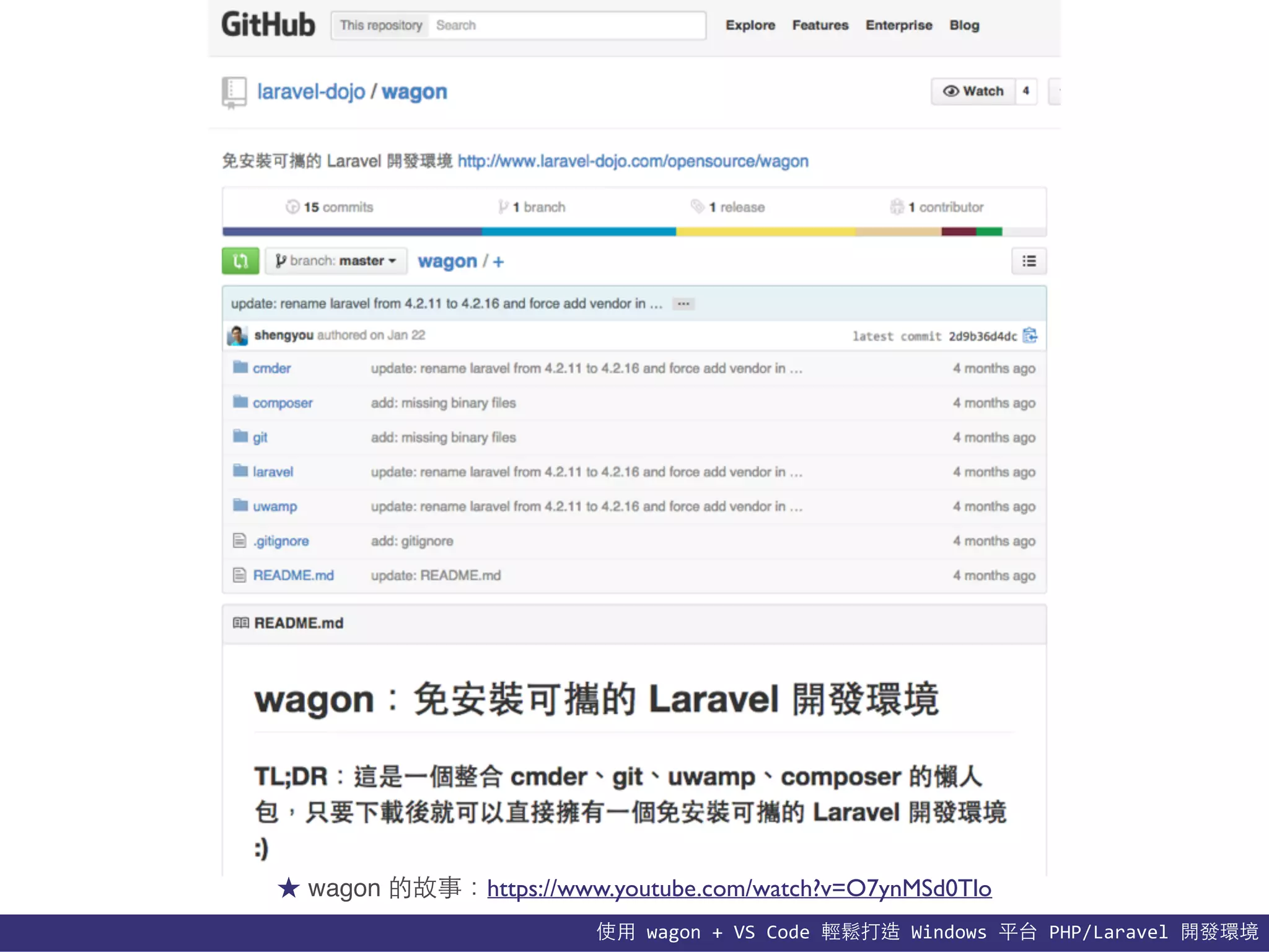 使⽤用	
  wagon	
  +	
  VS	
  Code	
  輕鬆打造	
  Windows	
  平台	
  PHP/Laravel	
  開發環境
★ wagon 的故事：https://www.youtube.com/watch?v=O7ynMSd0Tlo
 