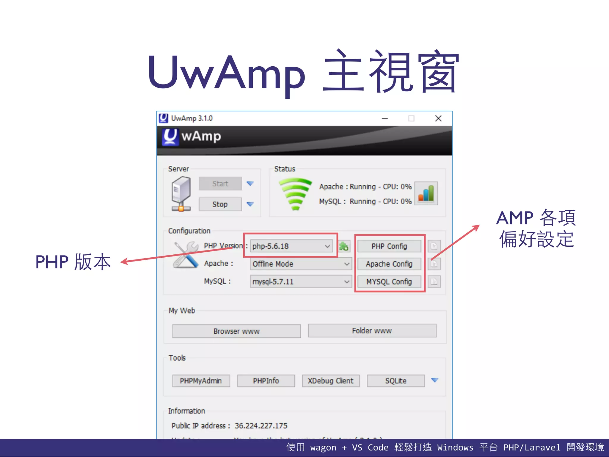 使⽤用	
  wagon	
  +	
  VS	
  Code	
  輕鬆打造	
  Windows	
  平台	
  PHP/Laravel	
  開發環境
UwAmp 主視窗
AMP 各項
偏好設定
PHP 版本
 