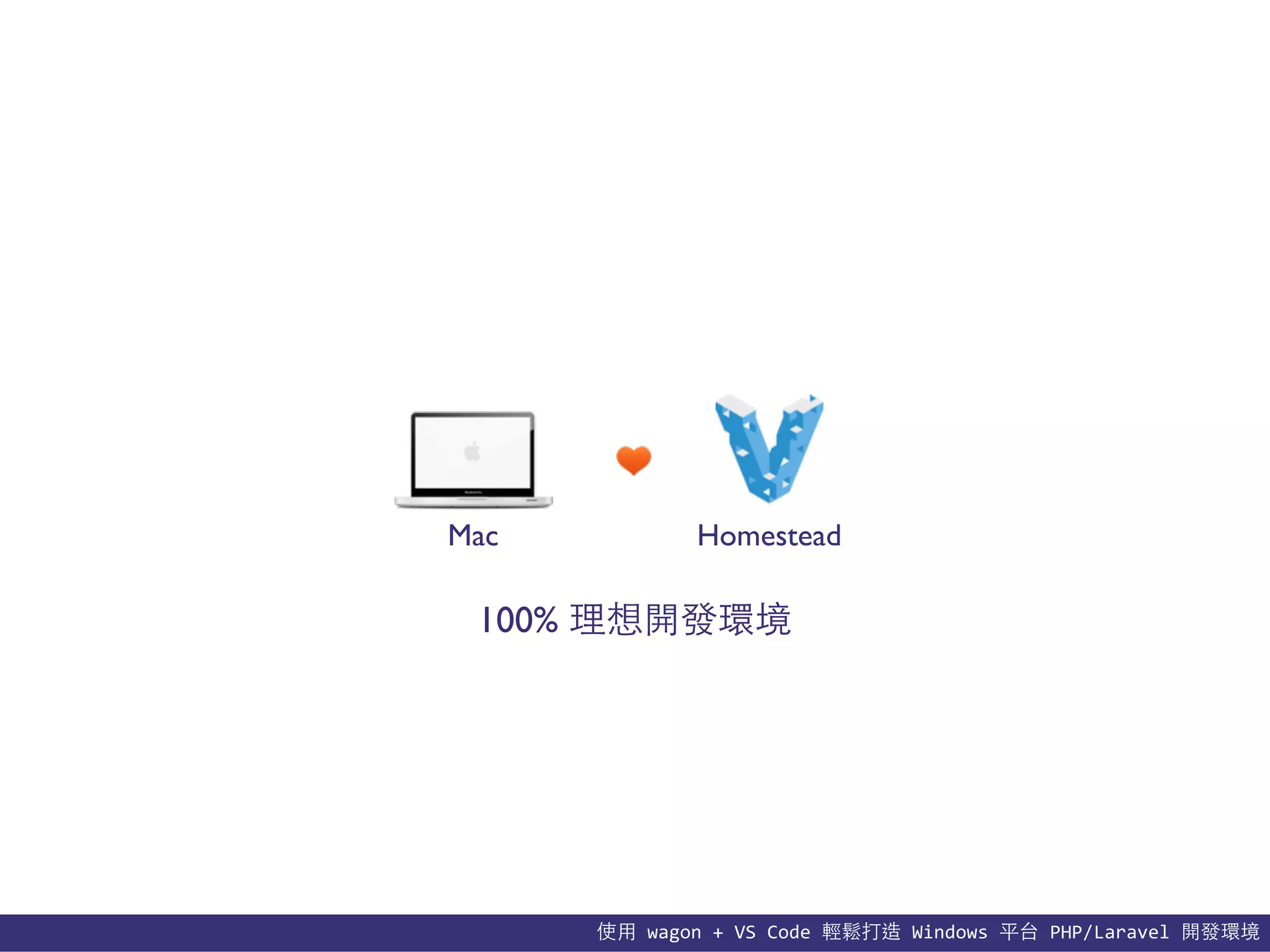 使⽤用	
  wagon	
  +	
  VS	
  Code	
  輕鬆打造	
  Windows	
  平台	
  PHP/Laravel	
  開發環境
Mac Homestead
100% 理想開發環境
 