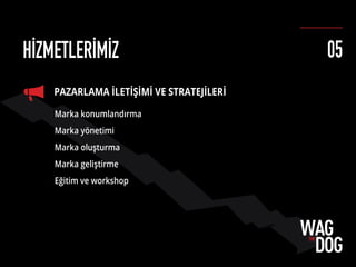 PAZARLAMA İLETİŞİMİ VE STRATEJİLERİ
Marka konumlandırma
Marka yönetimi
Marka oluşturma
Marka geliştirme
Eğitim ve workshop
HİZMETLERİMİZ 05
 