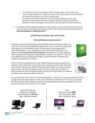 R E A D Y T O W O R K : C O M P U T E R B A S I C S P A G E 10
o The internet is a way of connecting to other computer users. You connect to the
internet using a phone line, a cable connection or by using a wireless connecting device.
For most home computer users, this is a paid service.
o A computer will be able to perform most common functions (play music, type
documents and edit pictures) and run programs without an internet connection.
However, to view a web page or send an email, you will need an internet connection.
• A computer needs an Operating System in order to work; any new computer that you purchase
will come with an operating system already installed. The most common operating systems are
Microsoft Windows and Macintosh OS X.
OPERATING SYSTEMS AND SOFTWARE
Microsoft Windows Operating System
Computers without operating systems are exactly like televisions without a signal. Yes,
it will turn on, but you will be looking at a blank screen with no hope of interacting with
it (the lights are on, but nobody’s home)! The most popular operating system is
“Microsoft Windows,” and is utilized by most personal computer (PC) users. It is a
program that acts as the brains of the computer, allowing you to run other programs,
work on projects and do basically everything that computers are capable of. There are
many different versions of Microsoft Windows, and a new version is released every
couple of years (just like car models).
There are other operating systems as well. Apple Computer Company manufactures a
computer called a Macintosh, or Mac. Macs use an operating system called “Mac OS X”
which, while it may look very different from Microsoft Windows, runs under the same
basic principles. While fewer people use Macs than PCs, schools often use Macs, as
well as people who work with graphic design and video and image editing. As a general
rule, Macs tend to be more expensive than PCs.
You shouldn’t ever need to mess with the operating system. It should run correctly and without error for
as long as you have your computer. In fact, if you ever take your computer in for a repair, you can bet
that the technician will be looking primarily at your operating system (not your programs) in the same
way that a mechanic will look at your car’s engine.
Dell, Lenovo, HP, etc
Computer is called: PC
Operating System: Windows
Types: Desktop & Laptop
.
Apple
Computer is called: MAC
Operating System: OS X
Types: Desktop & Laptop
 