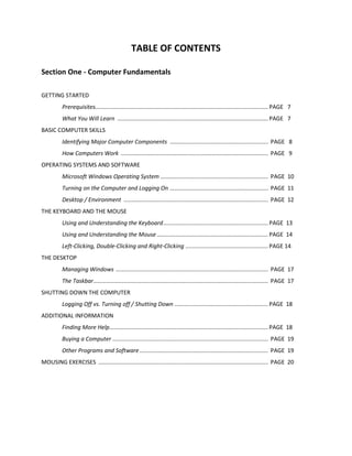 TABLE OF CONTENTS
Section One - Computer Fundamentals
GETTING STARTED
Prerequisites.............................................................................................................PAGE 7
What You Will Learn ...............................................................................................PAGE 7
BASIC COMPUTER SKILLS
Identifying Major Computer Components .............................................................. PAGE 8
How Computers Work ............................................................................................. PAGE 9
OPERATING SYSTEMS AND SOFTWARE
Microsoft Windows Operating System .................................................................... PAGE 10
Turning on the Computer and Logging On .............................................................. PAGE 11
Desktop / Environment ........................................................................................... PAGE 12
THE KEYBOARD AND THE MOUSE
Using and Understanding the Keyboard..................................................................PAGE 13
Using and Understanding the Mouse ......................................................................PAGE 14
Left-Clicking, Double-Clicking and Right-Clicking ....................................................PAGE 14
THE DESKTOP
Managing Windows ................................................................................................ PAGE 17
The Taskbar.............................................................................................................. PAGE 17
SHUTTING DOWN THE COMPUTER
Logging Off vs. Turning off / Shutting Down ...........................................................PAGE 18
ADDITIONAL INFORMATION
Finding More Help....................................................................................................PAGE 18
Buying a Computer .................................................................................................. PAGE 19
Other Programs and Software................................................................................. PAGE 19
MOUSING EXERCISES ........................................................................................................... PAGE 20
 