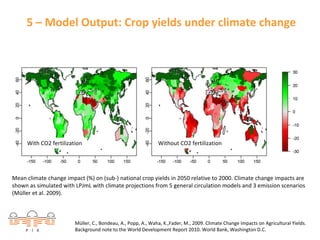 5 – Model Output: Crop yields under climate change

With CO2 fertilization

Without CO2 fertilization

Mean climate change impact (%) on (sub‐) national crop yields in 2050 relative to 2000. Climate change impacts are 
shown as simulated with LPJmL with climate projections from 5 general circulation models and 3 emission scenarios 
(Müller et al. 2009).

Müller, C., Bondeau, A., Popp, A., Waha, K.,Fader, M., 2009. Climate Change Impacts on Agricultural Yields. 
Background note to the World Development Report 2010. World Bank, Washington D.C.

 