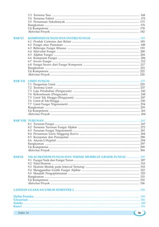 Daftar Isi ix
5.3 Teorema Sisa ...................................................................................................................... 168
5.4 Teorema Faktor .................................................................................................................. 172
5.5 Persamaan Sukubanyak .................................................................................................. 173
Rangkuman ................................................................................................................................ 176
Uji Kompetensi .......................................................................................................................... 178
Aktivitas Proyek ........................................................................................................................ 182
BAB VI KOMPOSISI FUNGSI DAN INVERS FUNGSI .................................................................. 183
6.1 Produk Cartesius dan Relasi ........................................................................................... 185
6.2 Fungsi atau Pemetaan ...................................................................................................... 188
6.3 Beberapa Fungsi Khusus ................................................................................................. 193
6.4 Sifat-sifat Fungsi ................................................................................................................ 200
6.5 Aljabar Fungsi .................................................................................................................... 204
6.6 Komposisi Fungsi ............................................................................................................... 206
6.7 Invers Fungsi ...................................................................................................................... 212
6.8 Fungsi Invers dari Fungsi Komposisi ............................................................................ 217
Rangkuman ................................................................................................................................ 221
Uji Kompetensi .......................................................................................................................... 222
Aktivitas Proyek ........................................................................................................................ 226
BAB VII LIMIT FUNGSI ......................................................................................................................... 227
7.1 Pengertian Limit ................................................................................................................ 229
7.2 Teorema Limit .................................................................................................................... 237
7.3 Laju Perubahan (Pengayaan) .......................................................................................... 242
7.4 Kekontinuan (Pengayaan) ................................................................................................ 244
7.5 Limit Tak Hingga (Pengayaan) ........................................................................................ 247
7.6 Limit di Tak Hingga ............................................................................................................ 250
7.7 Limit Fungsi Trigonometri ................................................................................................ 254
Rangkuman ................................................................................................................................ 259
Uji Kompetensi ........................................................................................................................... 261
Aktivitas Proyek ......................................................................................................................... 264
BAB VIII TURUNAN ................................................................................................................................. 265
8.1 Turunan Fungsi ................................................................................................................... 267
8.2 Teorema Turunan Fungsi Aljabar ................................................................................... 272
8.3 Turunan Fungsi Trigonometri .......................................................................................... 281
8.4 Persamaan Garis Singgung Kurva ................................................................................. 284
8.5 Kecepatan dan Percepatan ............................................................................................. 288
8.6 Aturan L’Hopital ................................................................................................................. 294
Rangkuman ................................................................................................................................ 297
Uji Kompetensi .......................................................................................................................... 299
Aktivitas Proyek ........................................................................................................................ 304
BAB IX NILAI EKSTRIM FUNGSI DAN TEKNIK MEMBUAT GRAFIK FUNGSI .................. 305
9.1 Fungsi Naik dan Fungsi Turun ......................................................................................... 307
9.2 Nilai Ekstrim ........................................................................................................................ 310
9.3 Ekstrim Mutlak pada Interval Tertutup ......................................................................... 318
9.4 Menggambar Grafik Fungsi Aljabar .............................................................................. 322
9.5 Masalah Pengoptimuman ................................................................................................ 325
Rangkuman ................................................................................................................................ 331
Uji Kompetensi .......................................................................................................................... 332
Aktivitas Proyek ........................................................................................................................ 336
LATIHAN ULANGAN UMUM SEMESTER 2 ........................................................................................ 338
Daftar Pustaka ............................................................................................................................................... 345
Glosarium ....................................................................................................................................................... 346
Indeks .............................................................................................................................................................. 349
Kunci ................................................................................................................................................................ 351
 