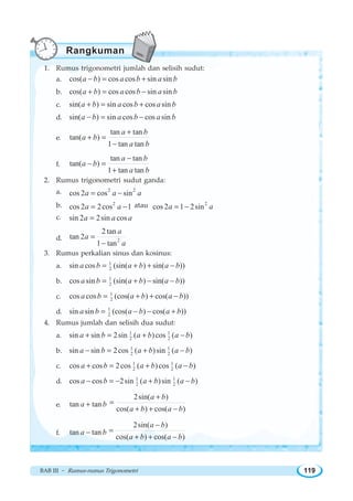 BAB III ~ Rumus-rumus Trigonometri 119
1. Rumus trigonometri jumlah dan selisih sudut:
a. cos( ) cos cos sin sina b a b a b− = +
b. cos( ) cos cos sin sina b a b a b+ = −
c. sin( ) sin cos cos sina b a b a b+ = +
d. sin( ) sin cos cos sina b a b a b− = −
e.
tan tan
tan( )
1 tan tan
a b
a b
a b
+
+ =
−
f.
tan tan
tan( )
1 tan tan
a b
a b
a b
−
− =
+
2. Rumus trigonometri sudut ganda:
a. 2 2
cos 2 cos sina a a= −
b. 2
cos 2 2cos 1a a= − atau 2
cos 2 1 2sina a= −
c. sin 2 2sin cosa a a=
d. 2
2 tan
tan 2
1 tan
a
a
a
=
−
3. Rumus perkalian sinus dan kosinus:
a. 1
2sin cos (sin( ) sin( ))a b a b a b= + + −
b. 1
2cos sin (sin( ) sin( ))a b a b a b= + − −
c. 1
2cos cos (cos( ) cos( ))a b a b a b= + + −
d. 1
2sin sin (cos( ) cos( ))a b a b a b= − − +
4. Rumus jumlah dan selisih dua sudut:
a. 1 1
2 2sin sin 2sin ( )cos ( )a b a b a b+ = + −
b. 1 1
2 2sin sin 2cos ( )sin ( )a b a b a b− = + −
c. 1 1
2 2cos cos 2cos ( )cos ( )a b a b a b+ = + −
d. 1 1
2 2cos cos 2sin ( )sin ( )a b a b a b− = − + −
e. tan tana b+
2sin( )
cos( ) cos( )
a b
a b a b
+
=
+ + −
f. tan tana b−
2sin( )
cos( ) cos( )
a b
a b a b
−
=
+ + −
Rangkuman
 