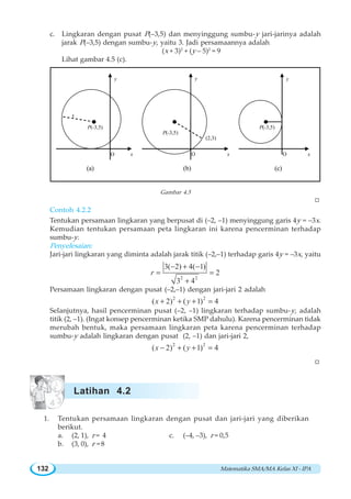 Matematika SMA/MA Kelas XI - IPA132
c. Lingkaran dengan pusat P(–3,5) dan menyinggung sumbu-y jari-jarinya adalah
jarak P(–3,5) dengan sumbu-y, yaitu 3. Jadi persamaannya adalah
(x + 3)2
+ (y – 5)2
= 9
Lihat gambar 4.5 (c).
P(-3,5)
5
O x
y
P(-3,5)
(2,3)
P(-3,5)
O O xx
yy
(b)(a) (c)
Gambar 4.5
W
Contoh 4.2.2
Tentukan persamaan lingkaran yang berpusat di (–2, –1) menyinggung garis 4y = –3x.
Kemudian tentukan persamaan peta lingkaran ini karena pencerminan terhadap
sumbu-y.
Penyelesaian:
Jari-jari lingkaran yang diminta adalah jarak titik (–2,–1) terhadap garis 4y = –3x, yaitu
2 2
3( 2) 4( 1)
2
3 4
r
− + −
= =
+
Persamaan lingkaran dengan pusat (–2,–1) dengan jari-jari 2 adalah
2 2
( 2) ( 1) 4x y+ + + =
Selanjutnya, hasil pencerminan pusat (–2, –1) lingkaran terhadap sumbu-y, adalah
titik (2, –1). (Ingat konsep pencerminan ketika SMP dahulu). Karena pencerminan tidak
merubah bentuk, maka persamaan lingkaran peta karena pencerminan terhadap
sumbu-y adalah lingkaran dengan pusat (2, –1) dan jari-jari 2,
2 2
( 2) ( 1) 4x y− + + =
W
1. Tentukan persamaan lingkaran dengan pusat dan jari-jari yang diberikan
berikut.
a. (2, 1), r = 4 c. (–4, –3), r = 0,5
b. (3, 0), r = 8
Latihan 4.2
 