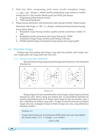 Matematika SMA/MA Kelas XI - IPA200
8. Pada hari libur, pengunjung pada suatu toserba mengikuti fungsi
2
216 24x t t= − , dengan x adalah jumlah pengunjung yang masuk ke toserba
setelah jam ke-t. Jika toserba dibuka mulai jam 08.00, jam berapa:
a. Pengunjung paling banyak masuk?
b. Tidak ada pengunjung?
9. Harga barang ditentukan oleh permintaan akan barang tersebut. Harga barang
ditentukan oleh fungsi 2
380p x= − , dengan x adalah jumlah permintaan barang,
dan p dalam ribuan.
a. Berapakah harga barang tersebut apabila jumlah permintaan adalah 18
unit.
b. Berapakah jumlah permintaan jika harga barang Rp. 50.000
c. Gambarkan fungsi harga tersebut pada bidang Cartesius.
d. Selidiki apakah fungsi p merupakan fungsi genap atau fungsi ganjil?
6.4 Sifat-Sifat Fungsi
Terdapat tiga sifat penting dari fungsi, yang akan kita pelajari, yaitu fungsi satu-
satu, fungsi pada dan fungsi pada dan satu-satu.
1.1.1 Fungsi Satu-Satu (Injektif)
Kita perhatikan ketiga diagram panah fungsi dari himpunan A ke himpunan
B berikut ini.
Gambar 6.15
Ketiga diagram di atas mendefinisikan suatu fungsi, tetapi fungsi (a) dan (b)
mempunyai sifat bahwa setiap dua elemen dari A yang berbeda dipetakan ke
elemen yang berbeda pula di B. Tetapi untuk fungsi (c) ada dua elemen, yaitu 1
dan 3 dipetakan ke elemen yang sama c. Fungsi (a) dan (b) semacam ini disebut
fungsi satu-satu, sedangkan fungsi (c) bukan fungsi satu-satu, yang definisinya
diberikan berikut.
Definisi 6.4
Fungsi f dari himpunan A ke himpunan B dikatakan satu-satu atau injektif,
jika untuk setiap ,a b A∈ , dengan a b≠ berlaku
( ) ( )f a f b≠
1
2
3
4
A B A B A B
1
2
3
4
1
2
3
a
b
c
d
a
b
c
d
a
b
c
d
(a) (b) (c)
 
