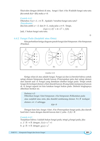 BAB VI ~ Komposisi Fungsi dan Invers Fungsi 201
Ekuivalen dengan definisi di atas, fungsi f dari A ke B adalah fungsi satu-satu
jika untuk f(a) = f(b), maka a = b.
Contoh 6.4.1
Diketahui f (x) = x2
, x ∈ ¡ . Apakah f tersebut fungsi satu-satu?
Penyelesaian:
Jika kita ambil a = –2 dan b = 2 , maka jelas a b≠ . Tetapi,
2 2
( ) ( 2) 4 2 ( )f a f b= − = = =
Jadi, f bukan fungsi satu-satu.
W
6.4.2 Fungsi Pada (Surjektif atau Onto)
Kita perhatikan ketiga diagram panah fungsi dari himpunan A ke himpunan
B berikut.
Gambar 6.16
Ketiga relasi di atas adalah fungsi. Fungsi (a) dan (c) bersifat bahwa untuk
setiap elemen himpunan daerah kawan B merupakan peta dari setiap elemen
dari daerah asal A. Fungsi yang demikian disebut fungsi pada. Tetapi untuk
fungsi (b) terdapat elemen d dari dearah kawan B yang tidak mempunyai kawan
di A, fungsi seperti ini kita katakan fungsi bukan pada. Definisi lengkapnya
diberikan berikut ini.
Definisi 6.5
Diberikan fungsi f dari himpunan A ke himpunan B dikatakan pada
atau surjektif atau onto, jika diambil sembarang elemen b B∈ terdapat
elemen a A∈ sehingga
f(a)=b
Dengan kata lain, fungsi f dari A ke B merupakan fungsi pada, jika daerah
hasil dari f sama dengan daerah kawan dari f, yaitu f (A) = B.
Contoh 6.4.2
Tunjukkan bahwa f adalah bukan fungsi pada, tetapi g fungsi pada, jika:
a. :f →¡ ¡ dengan
2
( ) 1f x x= +
b. :g →¡ ¡ dengan 3
( )g x x=
A B A B
1
2
3
4
a
b
c
d
A B
1
2
3
4
a
b
c
d
1
2
3
4
a
b
c
(a) (b) (c)
 