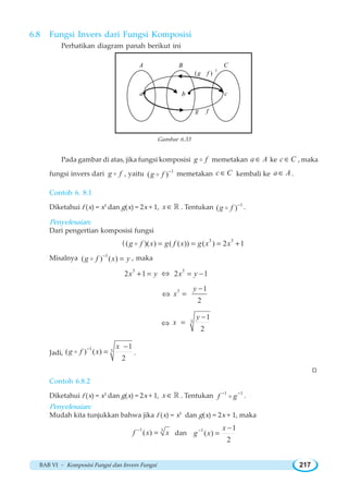 BAB VI ~ Komposisi Fungsi dan Invers Fungsi 217
6.8 Fungsi Invers dari Fungsi Komposisi
Perhatikan diagram panah berikut ini
A B C
a b
g f
1
( )g f
c
Gambar 6.33
Pada gambar di atas, jika fungsi komposisi g fo memetakan a A∈ ke c C∈ , maka
fungsi invers dari g fo , yaitu 1
( )g f −
o memetakan c C∈ kembali ke a A∈ .
Contoh 6. 8.1
Diketahui f (x) = x3
dan g(x) = 2x + 1, x ∈ ¡ . Tentukan 1
( )g f −
o .
Penyelesaian:
Dari pengertian komposisi fungsi
( 3 3
( )( ) ( ( )) ( ) 2 1g f x g f x g x x= = = +o
Misalnya 1
( ) ( )g f x y−
=o , maka
3
2 1x y+ = ⇔ 3
2 1x y= −
⇔ 3 1
2
y
x
−
=
⇔ 3
1
2
y
x
−
=
Jadi,
1 3
1
( ) ( )
2
x
g f x− −
=o .
W
Contoh 6.8.2
Diketahui f (x) = x3
dan g(x) = 2x + 1, x ∈ ¡ . Tentukan 1 1
f g− −
o .
Penyelesaian:
Mudah kita tunjukkan bahwa jika f (x) = x3
dan g(x) = 2x + 1, maka
1 3
( )f x x−
= dan 1 1
( )
2
x
g x− −
=
 