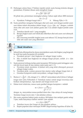 BAB VI ~ Komposisi Fungsi dan Invers Fungsi 225
19. Hubungan antara biaya P (dalam rupiah) untuk suatu barang tertentu dengan
permintaan D (dalam ribuan unit) mengikuti fungsi
2
29 3P D D= − +
Di pihak lain, permintaan meningkat selama t tahun sejak tahun 2000 menurut
2D t= +
a. Nyatakan P sebagai fungsi dari t b. Hitung P jika t = 15.
20. Suatu penelitian mengenai hubungan obat anti asam urat dengan jumlah asam
urat dalam tubuh dinyatakan dalam fungsi 2
( ) 256 4f x x= − dengan x adalah
dosis obat anti asam urat (dalam gram) dan f (x) adalah tingkat jumlah asam
urat.
a. Tentukan daerah asal f yang mungkin.
b. Berapa tingkat asam urat tubuh jika diberikan obat anti asam urat sebanyak
6 gram?
c. Jika seseorang memiliki tingkat asam urat sebesar 112, berapa banyak dosis
obat anti asam urat yang diberikan?
1. Sebuah batu dilemparkan ke danau menciptakan suatu riak lingkar yang bergerak
ke arah luar pada kecepatan 60 cm/detik.
a. Nyatakan jari-jari r dari lingkaran ini sebagai fungsi waktu.
b. Jika A adalah luas lingkaran ini sebagai fungsi jari-jari, carilah A ro dan
tafsirkan
2. Suatu pesawat terbang melaju pada kecepatan 350 km/jam pada ketinggian satu
mil dan lewat tepat di atas stasiun radar pada saat t = 0.
a. Nyatakan jarak mendatar d (dalam mil) yang telah ditempuh pesawat
sebagai fungsi waktu.
b. Nyatakan jarak s antara pesawat dan stasiun radar sebagai fungsi dari d.
c. Gunakan komposisi untuk menyatakan s sebagai fungsi dari t.
3. Rumus 5 ( 32)
9
C F= − , dengan 459,67F ≥ − menyatakan suhu Celcius C sebagai
fungsi dari suhu Fahrenheit F. Tentukan rumus untuk fungsi inversnya dan
berikan interpretasinya. Apa daerah asal fungsi invers ini?
4. Dalam teori relativitas, massa suatu partikel dengan kecepatan v adalah
0
2 2
( )
1
m
m f v
v c
= =
−
dengan 0m menyatakan massa partikel diam dan c laju cahaya di ruang hampa.
Tentukan fungsi invers dari f dan jelaskan artinya.
5. Jika suatu populasi bakteri pada awalnya 100 bakteri dan melipat ganda setiap
3 jam, maka banyaknya bakteri setelah t jam adalah
3
( ) 100.2t
n f t= = .
a. Tentukan invers dari fungsi ini dan jelaskan artinya.
b. Kapan populasi akan mencapai 50.000? (Ingat konsep logaritma di kelas X).
Soal Analisis
 