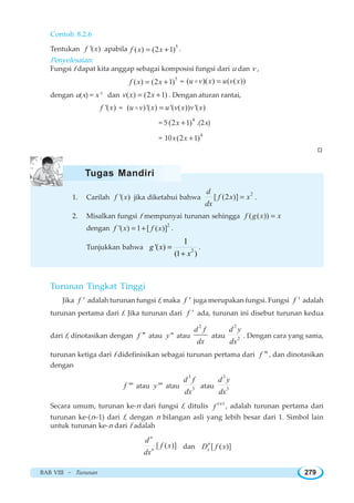 BAB VIII ~ Turunan 279
Contoh 8.2.6
Tentukan '( )f x apabila 5
( ) (2 1)f x x= + .
Penyelesaian:
Fungsi f dapat kita anggap sebagai komposisi fungsi dari u dan v ,
5
( ) (2 1)f x x= + = ( )( ) ( ( ))u v x u v x=o
dengan u(x) = x 5
dan ( ) (2 1)v x x= + . Dengan aturan rantai,
'( )f x = ( )'( ) '( ( )) '( )u v x u v x v x=o
= 5
4
(2 1)x + .(2x)
= 10x
4
(2 1)x +
W
1. Carilah '( )f x jika diketahui bahwa
2
[ (2 )]
d
f x x
dx
= .
2. Misalkan fungsi f mempunyai turunan sehingga ( ( ))f g x x=
dengan
2
'( ) 1 [ ( )]f x f x= + .
Tunjukkan bahwa 2
'( )
(1 )
1
=
+
g x
x
.
Turunan Tingkat Tinggi
Jika 'f adalah turunan fungsi f, maka 'f juga merupakan fungsi. Fungsi 'f adalah
turunan pertama dari f. Jika turunan dari 'f ada, turunan ini disebut turunan kedua
dari f, dinotasikan dengan f atau y atau
2
d f
dx
atau
2
2
d y
dx
. Dengan cara yang sama,
turunan ketiga dari f didefinisikan sebagai turunan pertama dari f , dan dinotasikan
dengan
'f atau 'y atau
3
3
d f
dx
atau
3
3
d y
dx
Secara umum, turunan ke-n dari fungsi f, ditulis ( )n
f , adalah turunan pertama dari
turunan ke-(n–1) dari f, dengan n bilangan asli yang lebih besar dari 1. Simbol lain
untuk turunan ke-n dari f adalah
[ ( )]
n
n
d
f x
dx
dan [ ( )]n
xD f x
Tugas Mandiri
 