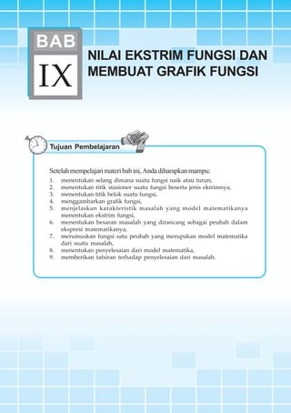 BAB IX ~ Nilai Ekstrim Fungsi dan Membuat Grafik Fungsi 305
IX
BAB
Tujuan Pembelajaran
NILAI EKSTRIM FUNGSI DAN
MEMBUAT GRAFIK FUNGSI
Setelahmempelajarimateribabini,Andadiharapkanmampu:
1. menentukan selang dimana suatu fungsi naik atau turun,
2. menentukan titik stasioner suatu fungsi beserta jenis ektrimnya,
3. menentukan titik belok suatu fungsi,
4. menggambarkan grafik fungsi,
5. menjelaskan karakteristik masalah yang model matematikanya
menentukan ekstrim fungsi,
6. menentukan besaran masalah yang dirancang sebagai peubah dalam
ekspresi matematikanya,
7. merumuskan fungsi satu peubah yang merupakan model matematika
dari suatu masalah,
8. menentukan penyelesaian dari model matematika,
9. memberikan tafsiran terhadap penyelesaian dari masalah.
 