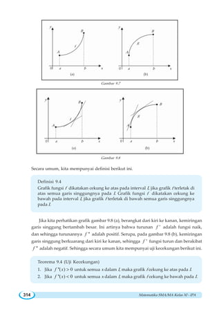 Matematika SMA/MA Kelas XI - IPA314
y
0 a b x
A
f
B
y
0 a b x
A
g
B
(a) (b)
Gambar 9.7
Gambar 9.8
Secara umum, kita mempunyai definisi berikut ini.
Definisi 9.4
Grafik fungsi f dikatakan cekung ke atas pada interval I, jika grafik f terletak di
atas semua garis singgungnya pada I. Grafik fungsi f dikatakan cekung ke
bawah pada interval I, jika grafik f terletak di bawah semua garis singgungnya
pada I.
Jika kita perhatikan grafik gambar 9.8 (a), berangkat dari kiri ke kanan, kemiringan
garis singgung bertambah besar. Ini artinya bahwa turunan 'f adalah fungsi naik,
dan sehingga turunannya ''f adalah positif. Serupa, pada gambar 9.8 (b), kemiringan
garis singgung berkuarang dari kiri ke kanan, sehingga 'f fungsi turun dan berakibat
''f adalah negatif. Sehingga secara umum kita mempunyai uji kecekungan berikut ini.
Teorema 9.4 Uji Kecekungan
1. Jika ''( ) 0f x  untuk semua x dalam I, maka grafik f cekung ke atas pada I.
2. Jika ''( ) 0f x  untuk semua x dalam I, maka grafik f cekung ke bawah pada I.
y
0 a b x
A
f
B
y
0 a b x
A
g
B
(a) (b)
 