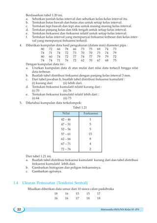 MatematikaSMA/MAKelasXI-IPA22
Berdasarkan tabel 1.20 ini,
a. Sebutkan jumlah kelas interval dan sebutkan kelas-kelas interval itu.
b. Tentukan batas bawah dan batas atas untuk setiap kelas interval.
c. Tentukan tepi bawah dan tepi atas untuk masing-masing kelas interval.
d. Tentukan panjang kelas dan titik tengah untuk setiap kelas interval.
e. Tentukan frekuensi dan frekuensi relatif untuk setiap kelas interval.
f. Tentukan kelas interval yang mempunyai frekuensi terbesar dan kelas inter-
val yang mempunyai frekuensi terkecil.
4. Diberikan kumpulan data hasil pengukuran (dalam mm) diameter pipa :
80 72 66 78 66 73 75 69 74 73
74 71 74 72 73 70 70 75 74 79
80 60 74 72 77 74 77 79 79 72
74 74 71 76 72 62 70 67 68 75
Dengan kumpulan data ini :
a. Urutkan kumpulan data di atas mulai dari nilai data terkecil hingga nilai
data terbesar.
b. Buatlah tabel distribusi frekuensi dengan panjang kelas interval 3 mm.
c. Dari tabel jawaban b, buatlah tabel distribusi frekuensi kumulatif :
(i) kurang dari (ii) lebih dari.
d. Tentukan frekuensi kumulatif relatif kurang dari :
(i) 70 (ii) 76
e. Tentukan frekuensi kumulatif relatif lebih dari :
(i) 64 (ii) 73
5. Diketahui kumpulan data terkelompok:
Tabel 1.21
Dari tabel 1.21 ini,
a. Buatlah tabel distribusi frekuensi kumulatif kurang dari dan tabel distribusi
frekuensi kumulatif lebih dari.
b. Gambarkan histogram dan poligon frekuensinya.
c. Gambarkan ogivenya.
1.4 Ukuran Pemusatan (Tendensi Sentral)
Misalkan diberikan data umur dari 10 siswa calon paskibraka
18 16 15 15 17
16 16 17 18 18
42 – 46
47 – 51
52 – 56
57 – 61
62 – 66
67 – 71
72 – 76
Nilai Frekuensi
1
5
5
15
8
4
2
 