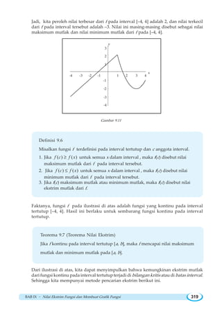 BAB IX ~ Nilai Ekstrim Fungsi dan Membuat Grafik Fungsi 319
Jadi, kita peroleh nilai terbesar dari f pada interval [–4, 4] adalah 2, dan nilai terkecil
dari f pada interval tersebut adalah –3. Nilai ini masing-masing disebut sebagai nilai
maksimum mutlak dan nilai minimum mutlak dari f pada [–4, 4].
Gambar 9.11
Definisi 9.6
Misalkan fungsi f terdefinisi pada interval tertutup dan c anggota interval.
1. Jika ( ) ( )f c f x≥ untuk semua x dalam interval , maka f(c) disebut nilai
maksimum mutlak dari f pada interval tersebut.
2. Jika ( ) ( )f c f x≤ untuk semua x dalam interval , maka f(c) disebut nilai
minimum mutlak dari f pada interval tersebut.
3. Jika f(c) maksimum mutlak atau minimum mutlak, maka f(c) disebut nilai
ekstrim mutlak dari f.
Faktanya, fungsi f pada ilustrasi di atas adalah fungsi yang kontinu pada interval
tertutup [–4, 4]. Hasil ini berlaku untuk sembarang fungsi kontinu pada interval
tertutup.
Teorema 9.7 Teorema Nilai Ekstrim
Jika f kontinu pada interval tertutup [a, b], maka f mencapai nilai maksimum
mutlak dan minimum mutlak pada [a, b].
Dari ilustrasi di atas, kita dapat menyimpulkan bahwa kemungkinan ekstrim mutlak
dari fungsi kontinu pada interval tertutup terjadi di bilangan kritis atau di batas interval.
Sehingga kita mempunyai metode pencarian ekstrim berikut ini.
3
2
1
-1
-2
-3
-4 -3 -2 -1 1 2 3 4
-4
y
x
 