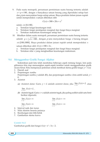 Matematika SMA/MA Kelas XI - IPA322
9. Pada suatu monopoli, persamaan permintaan suatu barang tertentu adalah
140x p+ = , dengan x banyaknya satuan barang yang diproduksi setiap hari
dan p juta menyatakan harga setiap satuan. Biaya produksi dalam jutaan rupiah
untuk memproduksi x satuan diberikan oleh
2
( ) 300 20C x x x= + +
untuk [0,140]x ∈ .
a. Tentukan fungsi keuntungan total.
b. Tentukan fungsi pendapatan marginal dan fungsi biaya marginal.
c. Tentukan maksimum keuntungan setiap hari.
10. Misalkan dalam suatu monopoli, persamaan permintaan suatu barang tertentu
adalah 1
5 100p x= − , dengan p juta menyatakan harga x barang dengan
[100,1000]x ∈ . Biaya produksi dalam jutaan rupiah untuk memproduksi x
satuan diberikan oleh ( ) 100 2C x x= + .
a. Tentukan fungsi pendapatan marginal dan fungsi biaya marginal.
b. Tentukan nilai x yang menghasilkan keuntungan maksimum.
9.4 Menggambar Grafik Fungsi Aljabar
Sedemikian jauh kita telah membahas beberapa aspek tentang fungsi, kini pada
gilirannya kita siap menuangkan aspek-aspek tersebut untuk menggambarkan grafik
secara benar. Kita mempunyai pedoman untuk membuat sketsa grafik fungsi y = f (x):
1. Daerah asal
2. Perpotongan sumbu
Perpotongan sumbu-y adalah f(0), dan perpotongan sumbu-x kita ambil untuk y =
0.
3. Asimtot
(a) Asimtot datar. Garis y = L adalah asimtot datar, jika lim ( )
x
f x L
→∞
= atau
lim ( )
x
f x L
→−∞
= .
(b) Asimtot tegak. Garis x = c adalah asimtot tegak, jika paling sedikit salah satu limit
berikut dipenuhi.
lim ( )
x c
f x−
→
= ∞ lim ( )
x c
f x−
→
= −∞
lim ( )
x c
f x+
→
= ∞ lim ( )
x c
f x+
→
= −∞
4. Interval naik dan turun
5. Nilai ekstrim beserta jenisnya
6. Kecekungan dan titik belok
7. Gambarkan sketsa kurva
Contoh 9.4.1
Gambarkan grafik dari fungsi f (x) = x3
– 3x – 2.
 