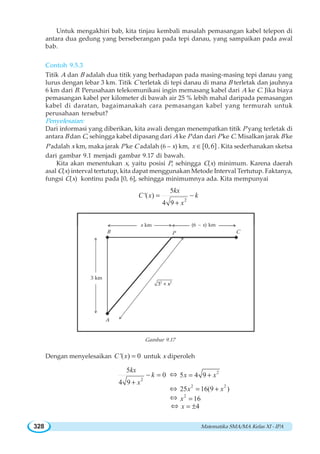 Matematika SMA/MA Kelas XI - IPA328
Untuk mengakhiri bab, kita tinjau kembali masalah pemasangan kabel telepon di
antara dua gedung yang berseberangan pada tepi danau, yang sampaikan pada awal
bab.
Contoh 9.5.3
Titik A dan B adalah dua titik yang berhadapan pada masing-masing tepi danau yang
lurus dengan lebar 3 km. Titik C terletak di tepi danau di mana B terletak dan jauhnya
6 km dari B. Perusahaan telekomunikasi ingin memasang kabel dari A ke C. Jika biaya
pemasangan kabel per kilometer di bawah air 25 % lebih mahal daripada pemasangan
kabel di daratan, bagaimanakah cara pemasangan kabel yang termurah untuk
perusahaan tersebut?
Penyelesaian:
Dari informasi yang diberikan, kita awali dengan menempatkan titik P yang terletak di
antara B dan C, sehingga kabel dipasang dari A ke P dan dari P ke C. Misalkan jarak B ke
P adalah x km, maka jarak P ke C adalah (6 – x) km, [0,6]x ∈ . Kita sederhanakan sketsa
dari gambar 9.1 menjadi gambar 9.17 di bawah.
Kita akan menentukan x, yaitu posisi P, sehingga C(x) minimum. Karena daerah
asal C(x) interval tertutup, kita dapat menggunakan Metode Interval Tertutup. Faktanya,
fungsi C(x) kontinu pada [0, 6], sehingga minimumnya ada. Kita mempunyai
2
5
'( )
4 9
kx
C x k
x
= −
+
Gambar 9.17
Dengan menyelesaikan '( ) 0C x = untuk x diperoleh
2
5
0
4 9
kx
k
x
− =
+
⇔ 2
5 4 9x x= +
⇔ 2 2
25 16(9 )x x= +
⇔ 2
16x =
⇔ 4x = ±
A
B C
3 km
x km (6 – x) km
P
+2 2
3 x
 
