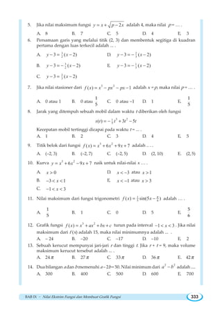 BAB IX ~ Nilai Ekstrim Fungsi dan Membuat Grafik Fungsi 333
5. Jika nilai maksimum fungsi 2y x p x= + − adalah 4, maka nilai p = … .
A. 8 B. 7 C. 5 D. 4 E. 3
6. Persamaan garis yang melalui titik (2, 3) dan membentuk segitiga di kuadran
pertama dengan luas terkecil adalah ... .
A. 3
23 ( 2)y x− = − D. 2
33 ( 2)y x− = − −
B. 3
23 ( 2)y x− = − − E. 1
33 ( 2)y x− = − −
C. 2
33 ( 2)y x− = −
7. Jika nilai stasioner dari 3 2
( ) 1f x x px px= − − − adalah x = p, maka nilai p = … .
A. 0 atau 1 B. 0 atau
1
5
C. 0 atau –1 D. 1 E.
1
5
8. Jarak yang ditempuh sebuah mobil dalam waktu t diberikan oleh fungsi
3 21
3( ) 3 5s t t t t= − + −
Kecepatan mobil tertinggi dicapai pada waktu t = ... .
A. 1 B. 2 C. 3 D. 4 E. 5
9. Titik belok dari fungsi 3 2
( ) 6 9 7f x x x x= + + + adalah .. . .
A. (–2, 3) B. (–2, 7) C. (–2, 5) D. (2, 10) E. (2, 5)
10. Kurva 3 2
6 9 7y x x x= + − + naik untuk nilai-nilai x … .
A. 0x  D. 3x  − atau 1x 
B. 3 1x−   E. 1x  − atau 3x 
C. 1 3x−  
11. Nilai maksimum dari fungsi trigonometri 1
5 6( ) sin(5 )f x x π
= − adalah … .
A.
1
5
B. 1 C. 0 D. 5 E.
5
6
12. Grafik fungsi 3 2
( )f x x ax bx c= + + + turun pada interval 1 3x−   . Jika nilai
maksimum dari f (x) adalah 15, maka nilai minimumnya adalah ... .
A. – 24 B. –20 C. –17 D. –10 E. 2
13. Sebuah kerucut mempunyai jari-jari r dan tinggi t. Jika r + t = 9, maka volume
maksimum kerucut tersebut adalah ... .
A. 24 π B. 27 π C. 33 π D. 36 π E. 42π
14. Dua bilangan a dan b memenuhi a – 2b = 50. Nilai minimum dari
2 2
a b− adalah ....
A. 300 B. 400 C. 500 D. 600 E. 700
 