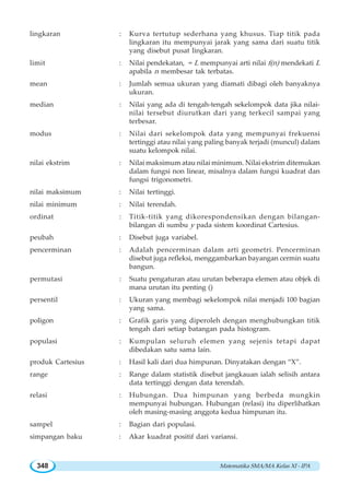 Matematika SMA/MA Kelas XI - IPA348
lingkaran : Kurva tertutup sederhana yang khusus. Tiap titik pada
lingkaran itu mempunyai jarak yang sama dari suatu titik
yang disebut pusat lingkaran.
limit : Nilai pendekatan, = L mempunyai arti nilai f(n) mendekati L
apabila n membesar tak terbatas.
mean : Jumlah semua ukuran yang diamati dibagi oleh banyaknya
ukuran.
median : Nilai yang ada di tengah-tengah sekelompok data jika nilai-
nilai tersebut diurutkan dari yang terkecil sampai yang
terbesar.
modus : Nilai dari sekelompok data yang mempunyai frekuensi
tertinggi atau nilai yang paling banyak terjadi (muncul) dalam
suatu kelompok nilai.
nilai ekstrim : Nilai maksimum atau nilai minimum. Nilai ekstrim ditemukan
dalam fungsi non linear, misalnya dalam fungsi kuadrat dan
fungsi trigonometri.
nilai maksimum : Nilai tertinggi.
nilai minimum : Nilai terendah.
ordinat : Titik-titik yang dikorespondensikan dengan bilangan-
bilangan di sumbu y pada sistem koordinat Cartesius.
peubah : Disebut juga variabel.
pencerminan : Adalah pencerminan dalam arti geometri. Pencerminan
disebut juga refleksi, menggambarkan bayangan cermin suatu
bangun.
permutasi : Suatu pengaturan atau urutan beberapa elemen atau objek di
mana urutan itu penting ()
persentil : Ukuran yang membagi sekelompok nilai menjadi 100 bagian
yang sama.
poligon : Grafik garis yang diperoleh dengan menghubungkan titik
tengah dari setiap batangan pada histogram.
populasi : Kumpulan seluruh elemen yang sejenis tetapi dapat
dibedakan satu sama lain.
produk Cartesius : Hasil kali dari dua himpunan. Dinyatakan dengan “X”.
range : Range dalam statistik disebut jangkauan ialah selisih antara
data tertinggi dengan data terendah.
relasi : Hubungan. Dua himpunan yang berbeda mungkin
mempunyai hubungan. Hubungan (relasi) itu diperlihatkan
oleh masing-masing anggota kedua himpunan itu.
sampel : Bagian dari populasi.
simpangan baku : Akar kuadrat positif dari variansi.
 