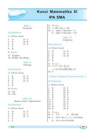 Kunci 351
BAB I
Statistika
Uji Kompetensi
A. Pilihan Ganda
1. A 11. C
3. B 13. B
5. B 15. A
7. C
9. D
B. E s s a y
17. 22 tahun
19. (57,886 – 58, 126) kg
BAB II
Peluang
Uji Kompetensi
A. Pilihan Ganda
1. B 11. A
3. D 13. B
5. E 15. A
7. B
9. B
B. E s s a y
17. 120
19. 1/10
BAB III
Rumus-rumus Trigonometri
Uji Kompetensi
A. Pilihan Ganda
1. D 11. E
3. D 13. C
5. C 15. A
7. C
9. E
B. E s s a y
17.
o
60x = dan o
30y =
19. a. maks = 1 dan min = – 1;
b. maks = 0 dan min = – 10.
BAB IV
Lingkaran
Uji Kompetensi
A. Pilihan Ganda
1. D 11. B
3. A 13. A
5. D 15. D
7. B
9. B
B. E s s a y
17. x2
+ y2
– 14x – 26 = 0;
(( 35 3 65) 40) 5y x= − ± +
19. 8
Latihan Ulangan Umum Semester 1
Uji Kompetensi
A. Pilihan Ganda
1. B 21. E
3. B 23. A
5. E 25. D
7. D 27. E
9. D 29. A
11. C 31. D
13. C 33. C
15. E 35. E
17. D 37. C
19. B 39. E
B. E s s a y
41. a. 4 : 7; b. 120 anak
43. a. 3 3 1
8 4 2( ) ( ) ( )P A B P A P B∩ = == ⋅ ;
b. ( ) ( ) ( )P A B P A P B∩ ≠
Kunci Matematika XI
IPA SMA
 