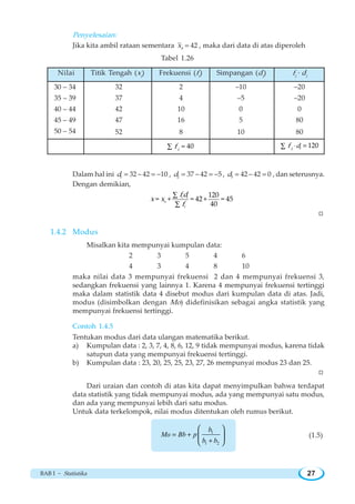 BAB I ~ Statistika 27
Penyelesaian:
Jika kita ambil rataan sementara 42sx = , maka dari data di atas diperoleh
Tabel 1.26
Dalam hal ini 1 32 42 10d = − = − , 2 37 42 5d = − = − , 3 42 42 0d = − = , dan seterusnya.
Dengan demikian,
∑
∑
i 120
= + = 42 + = 45
40
i
s
i
f d
x x
f
W
1.4.2 Modus
Misalkan kita mempunyai kumpulan data:
2 3 5 4 6
4 3 4 8 10
maka nilai data 3 mempunyai frekuensi 2 dan 4 mempunyai frekuensi 3,
sedangkan frekuensi yang lainnya 1. Karena 4 mempunyai frekuensi tertinggi
maka dalam statistik data 4 disebut modus dari kumpulan data di atas. Jadi,
modus (disimbolkan dengan Mo) didefinisikan sebagai angka statistik yang
mempunyai frekuensi tertinggi.
Contoh 1.4.5
Tentukan modus dari data ulangan matematika berikut.
a) Kumpulan data : 2, 3, 7, 4, 8, 6, 12, 9 tidak mempunyai modus, karena tidak
satupun data yang mempunyai frekuensi tertinggi.
b) Kumpulan data : 23, 20, 25, 25, 23, 27, 26 mempunyai modus 23 dan 25.
W
Dari uraian dan contoh di atas kita dapat menyimpulkan bahwa terdapat
data statistik yang tidak mempunyai modus, ada yang mempunyai satu modus,
dan ada yang mempunyai lebih dari satu modus.
Untuk data terkelompok, nilai modus ditentukan oleh rumus berikut.
1
1 2
= +
+
⎛ ⎞
⎜ ⎟
⎝ ⎠
b
Mo Bb p
b b
(1.5)
2
4
10
16
8
Nilai Frekuensi (fi
) fi
· di
–20
–20
0
80
80
=∑ 40i
f ⋅ =∑ 120ii
df
32
37
42
47
52
Titik Tengah (xi
)
30 – 34
35 – 39
40 – 44
45 – 49
50 – 54
Simpangan (di
)
–10
–5
0
5
10
 