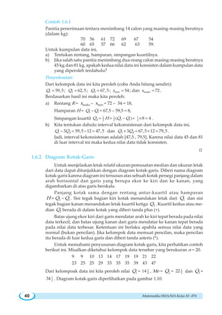 MatematikaSMA/MAKelasXI-IPA40
Contoh 1.6.1
Panitia penerimaan tentara menimbang 14 calon yang masing-masing beratnya
(dalam kg):
70 56 61 72 69 67 54
60 65 57 66 62 63 59.
Untuk kumpulan data ini,
a) Tentukan rentang, hamparan, simpangan kuartilnya.
b) Jika salah satu panitia menimbang dua orang calon masing-masing beratnya
45 kg dan 81 kg, apakah kedua nilai data ini konsisten dalam kumpulan data
yang diperoleh terdahulu?
Penyelesaian:
Dari kelompok data ini kita peroleh (coba Anda hitung sendiri):
1 59,5Q = ; 2 62,5Q = ; 3 67,5Q = ; min 54x = ; dan maks 72x = .
Berdasarkan hasil ini maka kita peroleh:
a) Rentang R = maksx – minx = 72 – 54 = 18,
Hamparan H = 3 1Q Q− = 67,5 – 59,5 = 8,
Simpangan kuartil 1 1
3 12 2
( )dQ H Q Q= = − = 1
2
8 4× = .
b) Kita tentukan dahulu interval kekonsistenan dari kelompok data ini,
1 3 59,5 12 47,5dQ Q− = − = dan 3 3 67,5 12 79,5dQ Q+ = + = .
Jadi, interval kekonsistenan adalah [47,5 , 79,5]. Karena nilai data 45 dan 81
di luar interval ini maka kedua nilai data tidak konsisten.
W
1.6.2 Diagram Kotak-Garis
Untuk menjelaskan letak relatif ukuran pemusatan median dan ukuran letak
dari data dapat ditunjukkan dengan diagram kotak-garis. Diberi nama diagram
kotak-garis karena diagram ini tersusun atas sebuah kotak persegi panjang dalam
arah horisontal dan garis yang berupa ekor ke kiri dan ke kanan, yang
digambarkan di atas garis berskala.
Panjang kotak sama dengan rentang antar-kuartil atau hamparan
3 1H Q Q= − . Sisi tegak bagian kiri kotak menandakan letak dari 1Q dan sisi
tegak bagian kanan menandakan letak kuartil ketiga 3Q . Kuartil kedua atau me-
dian 2Q berada di dalam kotak yang diberi tanda plus (+).
Batas ujung ekor kiri dari garis mendatar arah ke kiri tepat berada pada nilai
data terkecil, dan batas ujung kanan dari garis mendatar ke kanan tepat berada
pada nilai data terbesar. Ketentuan ini berlaku apabila semua nilai data yang
normal (bukan pencilan). Jika kelompok data memuat pencilan, maka pencilan
itu berada di luar kedua garis dan diberi tanda asteris (*).
Untuk memahami penyusunan diagram kotak-garis, kita perhatikan contoh
berikut ini. Misalkan diketahui kelompok data tersebar yang berukuran n = 20.
9 9 10 13 14 17 19 19 21 22
23 25 25 29 33 35 35 39 43 47
Dari kelompoak data ini kita peroleh nilai 1Q = 3
4
14 , Me = 2Q = 1
2
22 dan 3Q =
1
2
34 . Diagram kotak-garis diperlihatkan pada gambar 1.10.
 