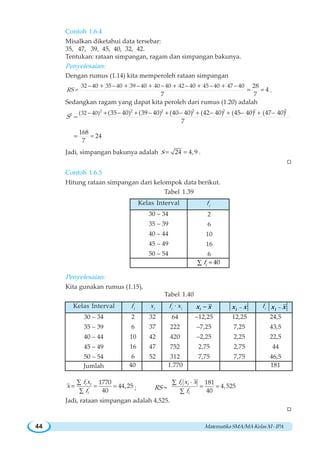 MatematikaSMA/MAKelasXI-IPA44
Contoh 1.6.4
Misalkan diketahui data tersebar:
35, 47, 39, 45, 40, 32, 42.
Tentukan: rataan simpangan, ragam dan simpangan bakunya.
Penyelesaian:
Dengan rumus (1.14) kita memperoleh rataan simpangan
32 40 35 40 39 40 40 40 42 40 45 40 47 40 28
4
7 7
RS
− − − − − − −
=
+ + + + + +
= = .
Sedangkan ragam yang dapat kita peroleh dari rumus (1.20) adalah
2 2 2 2 2 2 2
2 (32 40) (35 40) (39 40) (40 40) (42 40) (45 40) (47 40)
7
S
−
=
+ − + − + − + − + − + −
=
168
24
7
= =
Jadi, simpangan bakunya adalah 24 4,9s = = .
W
Contoh 1.6.5
Hitung rataan simpangan dari kelompok data berikut.
Tabel 1.39
Penyelesaian:
Kita gunakan rumus (1.15),
Tabel 1.40
1770
44,25
40
i i
i
f x
x
f
∑
= = =
∑
; RS =
181
4,525
40
i i
i
f x x
f
−∑
= =
∑
Jadi, rataan simpangan adalah 4,525.
W
30 – 34
35 – 39
40 – 44
45 – 49
50 – 54
2
6
10
16
6
Kelas Interval fi
=∑ 40if
30 – 34
35 – 39
40 – 44
45 – 49
50 – 54
2
6
10
16
6
Kelas Interval fi
Jumlah
xi
fi
· xi ix x− ix x−
40
32
37
42
47
52
64
222
420
752
312
1.770
–12,25
–7,25
–2,25
2,75
7,75
12,25
7,25
2,25
2,75
7,75
fi ix x−
24,5
43,5
22,5
44
46,5
181
 