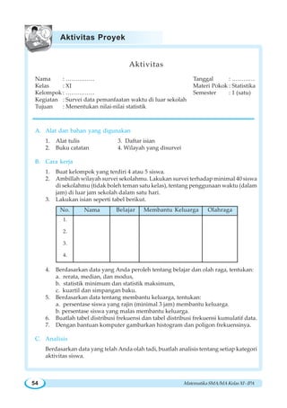 MatematikaSMA/MAKelasXI-IPA54
Aktivitas
Nama : …………… Tanggal : …………
Kelas : XI Materi Pokok : Statistika
Kelompok : …………… Semester : 1 (satu)
Kegiatan : Survei data pemanfaatan waktu di luar sekolah
Tujuan : Menentukan nilai-nilai statistik
A. Alat dan bahan yang digunakan
1. Alat tulis 3. Daftar isian
2. Buku catatan 4. Wilayah yang disurvei
B. Cara kerja
1. Buat kelompok yang terdiri 4 atau 5 siswa.
2. Ambillah wilayah survei sekolahmu. Lakukan survei terhadap minimal 40 siswa
di sekolahmu (tidak boleh teman satu kelas), tentang penggunaan waktu (dalam
jam) di luar jam sekolah dalam satu hari.
3. Lakukan isian seperti tabel berikut.
4. Berdasarkan data yang Anda peroleh tentang belajar dan olah raga, tentukan:
a. rerata, median, dan modus,
b. statistik minimum dan statistik maksimum,
c. kuartil dan simpangan baku.
5. Berdasarkan data tentang membantu keluarga, tentukan:
a. persentase siswa yang rajin (minimal 3 jam) membantu keluarga.
b. persentase siswa yang malas membantu keluarga.
6. Buatlah tabel distribusi frekuensi dan tabel distribusi frekuensi kumulatif data.
7. Dengan bantuan komputer gambarkan histogram dan poligon frekuensinya.
C. Analisis
Berdasarkan data yang telah Anda olah tadi, buatlah analisis tentang setiap kategori
aktivitas siswa.
1.
2.
3.
4.
No. Nama Belajar Membantu Keluarga Olahraga
Aktivitas Proyek
 