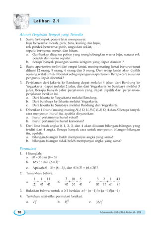 Matematika SMA/MA Kelas XI - IPA70
Aturan Pengisian Tempat yang Tersedia
1. Suatu kelompok penari latar mempunyai:
baju berwarna: merah, pink, biru, kuning dan hijau,
rok pendek berwarna: putih, ungu dan coklat,
sepatu berwarna: merah dan hitam.
a. Gambarkan diagram pohon yang menghubungkan warna baju, warana rok
pendek dan warna sepatu.
b. Berapa banyak pasangan warna seragam yang dapat disusun ?
2. Suatu apartemen terdiri dari empat lantai, masing-masing lantai berturut-turut
dihuni 12 orang, 8 orang, 6 orang dan 5 orang. Dari setiap lantai akan dipilih
seorang wakil untuk dibentuk sebagai pengurus apartemen. Berapa cara susunan
pengurus dapat dibentuk?
3. Perjalanan dari Jakarta ke Bandung dapat melalui 4 jalur, dari Bandung ke
Yogyakarta dapat melalui 2 jalur, dan dari Yogyakarta ke Surabaya melalui 3
jalur. Berapa banyak jalur perjalanan yang dapat dipilih dari perjalanan-
perjalanan berikut ini.
a. Dari Jakarta ke Yogyakarta melalui Bandung.
b. Dari Surabaya ke Jakarta melalui Yogyakarta.
c. Dari Jakarta ke Surabaya melalui Bandung dan Yogyakarta.
4. Diberikan 11 huruf masing-masing H, I, D, U, P, C, E, R, D, A, dan S. Berapa banyak
cara menyusun huruf itu, apabila disyaratkan:
a. huruf pertamanya huruf vokal?
b. huruf pertamanya huruf konsonan?
5. Dari lima buah angka 0, 1, 2, 3, dan 4 akan disusun bilangan-bilangan yang
terdiri dari 4 angka. Berapa banyak cara untuk menyusun bilangan-bilangan
itu, apabila:
a. bilangan-bilangan boleh mempunyai angka yang sama?
b. bilangan-bilangan tidak boleh mempunyai angka yang sama?
Permutasi
1. Hitunglah:
a. 8! – 3! dan (8 – 3)!
b. 6! 3!× dan (6 3)!×
c. Apakah 8! – 3! = (8 – 3)!, dan 6! 3!× = (6 3)!× ?
2. Tunjukkan bahwa:
a.
1 1 11
2! 4! 4!
− = b.
10 5
4! 5! 4!
3
=+ c.
3 2 1 43
8! 7! 6! 8!
− + =
3. Buktikan bahwa: untuk 1n ≥ berlaku ! ( 1)! ( 1)!( 1)n n n n− − = − −
4. Tentukan nilai-nilai permutasi berikut.
a.
5
3P b.
12
5P c. 7
23!P
Latihan 2.1
 