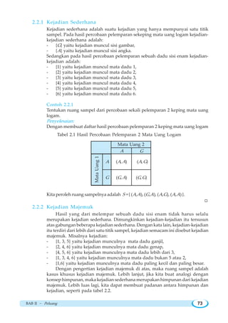 BAB II ~ Peluang 73
2.2.1 Kejadian Sederhana
Kejadian sederhana adalah suatu kejadian yang hanya mempunyai satu titik
sampel. Pada hasil percobaan pelemparan sekeping mata uang logam kejadian-
kejadian sederhana adalah:
- {G} yaitu kejadian muncul sisi gambar,
- {A} yaitu kejadian muncul sisi angka.
Sedangkan pada hasil percobaan pelemparan sebuah dadu sisi enam kejadian-
kejadian adalah:
- {1} yaitu kejadian muncul mata dadu 1,
- {2} yaitu kejadian muncul mata dadu 2,
- {3} yaitu kejadian muncul mata dadu 3,
- {4} yaitu kejadian muncul mata dadu 4,
- {5} yaitu kejadian muncul mata dadu 5,
- {6} yaitu kejadian muncul mata dadu 6.
Contoh 2.2.1
Tentukan ruang sampel dari percobaan sekali pelemparan 2 keping mata uang
logam.
Penyelesaian:
Dengan membuat daftar hasil percobaan pelemparan 2 keping mata uang logam
Tabel 2.1 Hasil Percobaan Pelemparan 2 Mata Uang Logam
Kita peroleh ruang sampelnya adalah S = { (A,A), (G,A), (A,G), (A,A) }.
W
2.2.2 Kejadian Majemuk
Hasil yang dari melempar sebuah dadu sisi enam tidak harus selalu
merupakan kejadian sederhana. Dimungkinkan kejadian-kejadian itu tersusun
atas gabungan beberapa kejadian sederhana. Dengan kata lain, kejadian-kejadian
itu terdiri dari lebih dari satu titik sampel, kejadian semacam ini disebut kejadian
majemuk. Misalnya kejadian:
- {1, 3, 5} yaitu kejadian munculnya mata dadu ganjil,
- {2, 4, 6} yaitu kejadian munculnya mata dadu genap,
- {4, 5, 6} yaitu kejadian munculnya mata dadu lebih dari 3,
- {1, 3, 4, 6} yaitu kejadian munculnya mata dadu bukan 5 atau 2,
- {1,6} yaitu kejadian munculnya mata dadu paling kecil dan paling besar.
Dengan pengertian kejadian majemuk di atas, maka ruang sampel adalah
kasus khusus kejadian majemuk. Lebih lanjut, jika kita buat analogi dengan
konsep himpunan, maka kejadian sederhana merupakan himpunan dari kejadian
majemuk. Lebih luas lagi, kita dapat membuat padanan antara himpunan dan
kejadian, seperti pada tabel 2.2.
A
(A,A)
Mata Uang 2
MataUang1
G
A
G
(A,G)
(G,A) (G,G)
 
