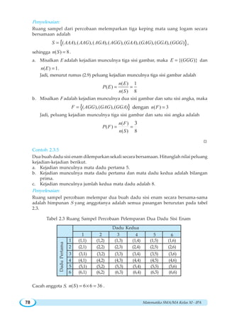 Matematika SMA/MA Kelas XI - IPA78
Penyelesaian:
Ruang sampel dari percobaan melemparkan tiga keping mata uang logam secara
bersamaan adalah
{ }( ),( ),( ),( ),( ),( ),( ),( )S AAA AAG AGA AGG GAA GAG GGA GGG= ,
sehingga ( ) 8n S = .
a. Misalkan E adalah kejadian munculnya tiga sisi gambar, maka {( )}E GGG= dan
( ) 1n E = .
Jadi, menurut rumus (2.9) peluang kejadian munculnya tiga sisi gambar adalah
( ) 1
( )
( ) 8
n E
P E
n S
= =
b. Misalkan F adalah kejadian munculnya dua sisi gambar dan satu sisi angka, maka
{ }( ),( ),( )F AGG GAG GGA= dengan ( ) 3n F =
Jadi, peluang kejadian munculnya tiga sisi gambar dan satu sisi angka adalah
( )
( )
( ) 8
3n F
P F
n S
= =
W
Contoh 2.3.5
Dua buah dadu sisi enam dilemparkan sekali secara bersamaan. Hitunglah nilai peluang
kejadian-kejadian berikut.
a. Kejadian munculnya mata dadu pertama 5.
b. Kejadian munculnya mata dadu pertama dan mata dadu kedua adalah bilangan
prima.
c. Kejadian munculnya jumlah kedua mata dadu adalah 8.
Penyelesaian:
Ruang sampel percobaan melempar dua buah dadu sisi enam secara bersama-sama
adalah himpunan S yang anggotanya adalah semua pasangan berurutan pada tabel
2.3.
Tabel 2.3 Ruang Sampel Percobaan Pelemparan Dua Dadu Sisi Enam
Cacah anggota S, ( ) 6 6 36n S = × = .
DaduPertama
1 5 62 3 4
Dadu Kedua
2
3
4
1
6
5
(1,1) (1,2) (1,3) (1,4) (1,5) (1,6)
(2,1) (2,2) (2,3) (2,4) (2,5) (2,6)
(3,1) (3,2) (3,3) (3,4) (3,6)(3,5)
(6,1) (6,2) (6,3) (6,4) (6,6)(6,5)
(5,1) (5,2) (5,3) (5,4) (5,6)(5,5)
(4,1) (4,2) (4,3) (4,4) (4,6)(4,5)
 