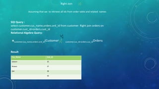 Right Join
Assuming that we to retrieve all ids from order table and related names

SQl Query :
select customer.cus_name,orders.ord_id from customer Right join orders on
customer.cust_id=orders.cust_id
Relational Algebra Query:

πcustomer.cus_name,orders.ord_id(Customer
Result
Cus_Name

Ord_ID

Saleem

35

Rizwan

37

Ijlal

38

-

40

customer.cus_id=orders.cus_idOrders)

 