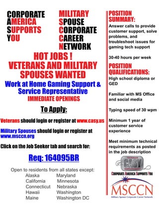 CORPORATE
AMERICA
SUPPORTS
YOU
HOT JOBS !
VETERANS AND MILITARY
SPOUSES WANTED
Work at Home Gaming Support &
Service Representative
To Apply:
Veterans should login or register at www.casy.us
Military Spouses should login or register at
www.msccn.org
Click on the Job Seeker tab and search for:
Req: 164095BR
POSITION
QUALIFICATIONS:
Answer calls to provide
customer support, solve
problems, and
troubleshoot issues for
gaming tech support
30-40 hours per week
High school diploma or
GED
Familiar with MS Office
and social media
Typing speed of 30 wpm
Minimum 1 year of
customer service
experience
Meet minimum technical
requirements as posted
in the job description
MILITARY
SPOUSE
CORPORATE
CAREER
NETWORK
IMMEDIATE OPENINGS
POSITION
SUMMARY:
Open to residents from all states except:
Alaska Maryland
California Minnesota
Connecticut Nebraska
Hawaii Washington
Maine Washington DC
 