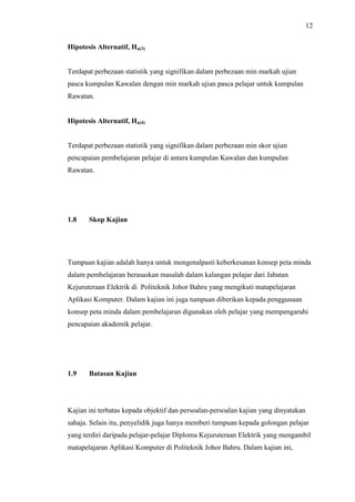 12
Hipotesis Alternatif, Ha(3)
Terdapat perbezaan statistik yang signifikan dalam perbezaan min markah ujian
pasca kumpulan Kawalan dengan min markah ujian pasca pelajar untuk kumpulan
Rawatan.
Hipotesis Alternatif, Ha(4)
Terdapat perbezaan statistik yang signifikan dalam perbezaan min skor ujian
pencapaian pembelajaran pelajar di antara kumpulan Kawalan dan kumpulan
Rawatan.
1.8 Skop Kajian
Tumpuan kajian adalah hanya untuk mengenalpasti keberkesanan konsep peta minda
dalam pembelajaran berasaskan masalah dalam kalangan pelajar dari Jabatan
Kejuruteraan Elektrik di Politeknik Johor Bahru yang mengikuti matapelajaran
Aplikasi Komputer. Dalam kajian ini juga tumpuan diberikan kepada penggunaan
konsep peta minda dalam pembelajaran digunakan oleh pelajar yang mempengaruhi
pencapaian akademik pelajar.
1.9 Batasan Kajian
Kajian ini terbatas kepada objektif dan persoalan-persoalan kajian yang dinyatakan
sahaja. Selain itu, penyelidik juga hanya memberi tumpuan kepada golongan pelajar
yang terdiri daripada pelajar-pelajar Diploma Kejuruteraan Elektrik yang mengambil
matapelajaran Aplikasi Komputer di Politeknik Johor Bahru. Dalam kajian ini,
 