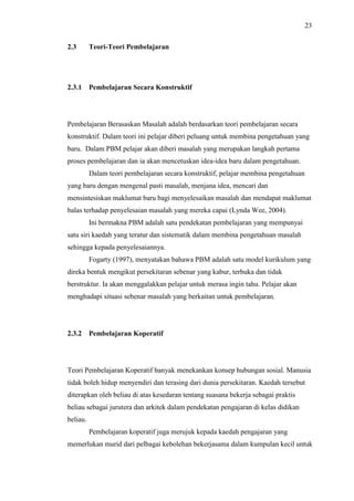 23
2.3 Teori-Teori Pembelajaran
2.3.1 Pembelajaran Secara Konstruktif
Pembelajaran Berasaskan Masalah adalah berdasarkan teori pembelajaran secara
konstruktif. Dalam teori ini pelajar diberi peluang untuk membina pengetahuan yang
baru. Dalam PBM pelajar akan diberi masalah yang merupakan langkah pertama
proses pembelajaran dan ia akan mencetuskan idea-idea baru dalam pengetahuan.
Dalam teori pembelajaran secara konstruktif, pelajar membina pengetahuan
yang baru dengan mengenal pasti masalah, menjana idea, mencari dan
mensintesiskan maklumat baru bagi menyelesaikan masalah dan mendapat maklumat
balas terhadap penyelesaian masalah yang mereka capai (Lynda Wee, 2004).
Ini bermakna PBM adalah satu pendekatan pembelajaran yang mempunyai
satu siri kaedah yang teratur dan sistematik dalam membina pengetahuan masalah
sehingga kepada penyelesaiannya.
Fogarty (1997), menyatakan bahawa PBM adalah satu model kurikulum yang
direka bentuk mengikut persekitaran sebenar yang kabur, terbuka dan tidak
berstruktur. Ia akan menggalakkan pelajar untuk merasa ingin tahu. Pelajar akan
menghadapi situasi sebenar masalah yang berkaitan untuk pembelajaran.
2.3.2 Pembelajaran Koperatif
Teori Pembelajaran Koperatif banyak menekankan konsep hubungan sosial. Manusia
tidak boleh hidup menyendiri dan terasing dari dunia persekitaran. Kaedah tersebut
diterapkan oleh beliau di atas kesedaran tentang suasana bekerja sebagai praktis
beliau sebagai jurutera dan arkitek dalam pendekatan pengajaran di kelas didikan
beliau.
Pembelajaran koperatif juga merujuk kepada kaedah pengajaran yang
memerlukan murid dari pelbagai kebolehan bekerjasama dalam kumpulan kecil untuk
 